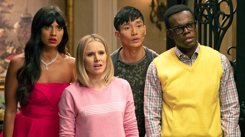 Tahani Eleanor Jason and Chidi looking confused on The Good Place