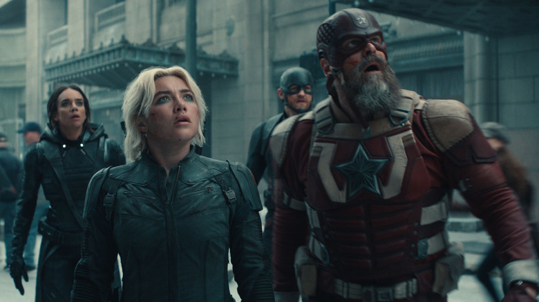 Yelena Belova, Red Guardian, Ghost, and U.S. Agent looking up at the sky in Thunderbolts