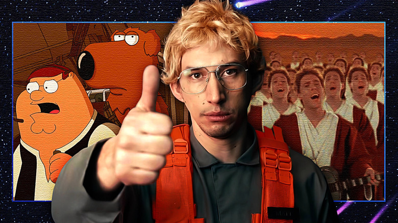 A composite image of Adam Driver as Matt the Radar Technician (Kylo Ren in disguise) in an SNL sketch, Peter and Brian as Han Solo and Chewbacca in the Family Guy Star Wars parody Blue Harvest, and multiples of Weird Al Yankovic dressed as Obi-Wan Kenobi singing The Saga Begins Star Wars parody song.